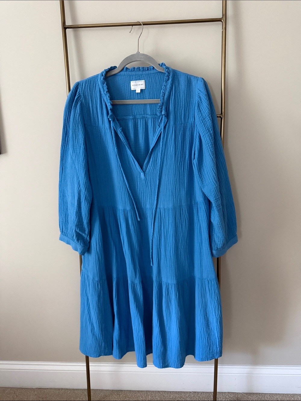 Blue Cotton Tiered Midi Dress with V-Neck Tie